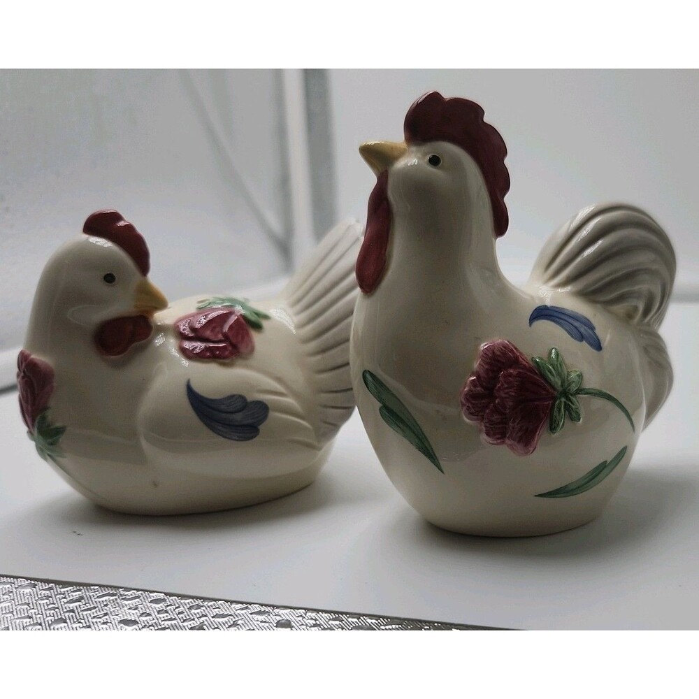 Lenox Poppies on Blue Barnyard Rooster and Hen Salt and Pepper Shakers Chickens